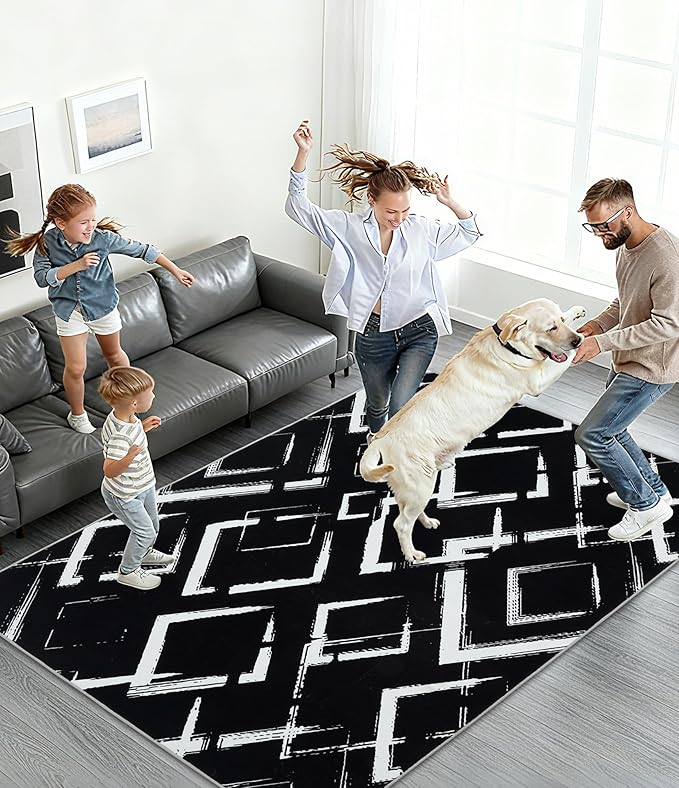 YIHOUSE Black Modern Geometric Area Rug 8x10, Black and White Rug with Abstract Diamond Patterns,Non-Shedding Washable Rugs for Bedroom, Home Office and Living Room