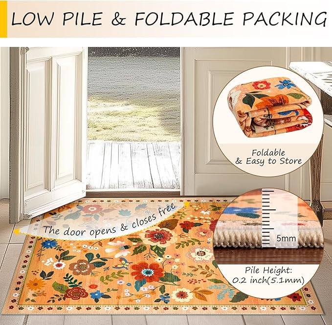 Floral 6x9 Area Rug Machine Washable Soft Print Boho Carpet Non Slip Doormat Low Pile Flower Area Rugs for Living Room Bedroom Nursery Kitchen Dining Room Indoor-Yellow/Orange