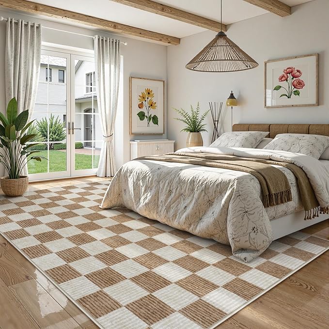 LIVEBOX Machine Washable Area Rug 6x9 Checkered, Non Slip Soft Large Bedroom Living Room Rug Farmhouse Neutral Classic Geometric Boys Rug, Indoor Carpet for Den Dorm Playroom(Brown,6'x9')