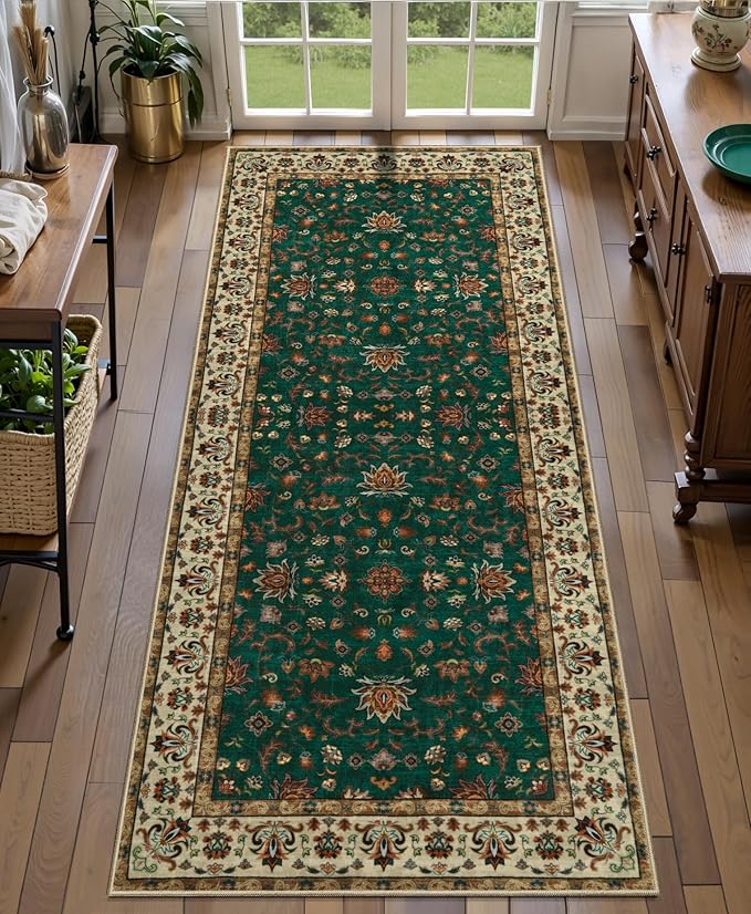 Tangspp Floral Washable Runner Rug, 2x5 Rug Runners for Hallways Non Slip, Vintage Boho Runner Rug for Entryway Indoor, Green Print Carpet Runner, Soft Low Pile Runner for Kitchen Bedroom Green