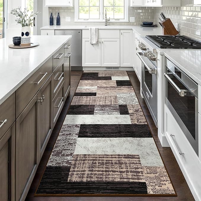 Indoor Runner Rug, Washable Runner Rug with Rubber Backing, Modern Geometric Patchwork Aesthetic Carpet for Bedroom, Living Room, Hallway, Entryway, Washable Rug Rockwood Collection, 2x6 Ft Chocolate