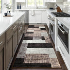 Indoor Runner Rug, Washable Runner Rug with Rubber Backing, Modern Geometric Patchwork Aesthetic Carpet for Bedroom, Living Room, Hallway, Entryway, Washable Rug Rockwood Collection, 2x6 Ft Chocolate