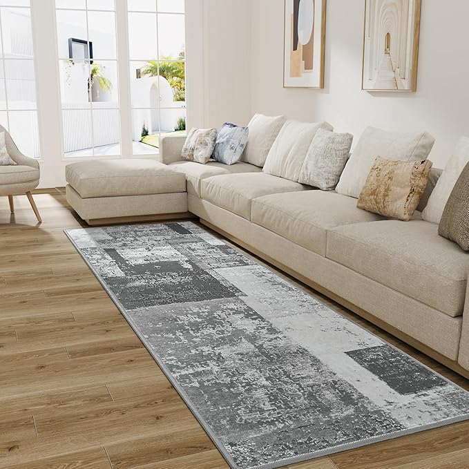 LOCHAS Washable Runner Rugs for Hallway, 2x6 Non Sip Soft Rug for Bedroom Entryway Kitchen Laundry Room, Long Abstract Carpet for Indoor Floor Bedside, Grey Geometric Vintage Decor, Pet & kid Friendly