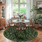 Round Rug 6ft Dark Green Washable Floral Circle Rug,Vintage Boho Botanical Round Area Rugs, Non-Slip Soft Low-Pile Circular Carpet for Bedroom,Kids Room,College Dorm,Home Decor