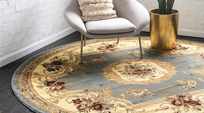 Rugs.com Chateau Collection Rug – 8 Ft Round Light Blue Medium Rug Perfect for Kitchens, Dining Rooms