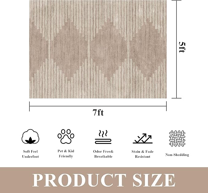 HelloTree Area Rug for Living Room 5x7 Washable Geometric Moroccan Rug Stripe Farmhouse Bohemian Minimalistic Non Slip Non Shedding Ultra Thin Soft Rug for Bedroom Office DiningRoom Nursery-Pink&Khaki