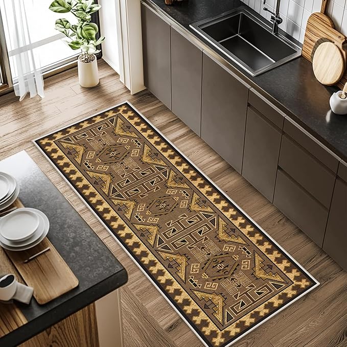 Brown Geometric Runner Rug, 3x12ft Hallway Runner Washable Rug, Corridor & Foyer High-Traffic Rugs, Indoor Durable Non-Slip Mat, Vintage Southwestern Decorative Home Carpet