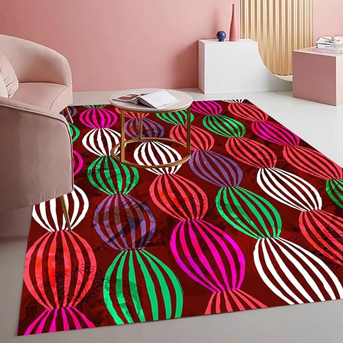 Bohemian Pop Art Striped Balloon Pattern Rug for Living Room Bedroom Nursery Room Dining Room Home Office Study Room Vibrant Red and Green Kitchen Hallway Indoor Washable Area Carpet 3x5