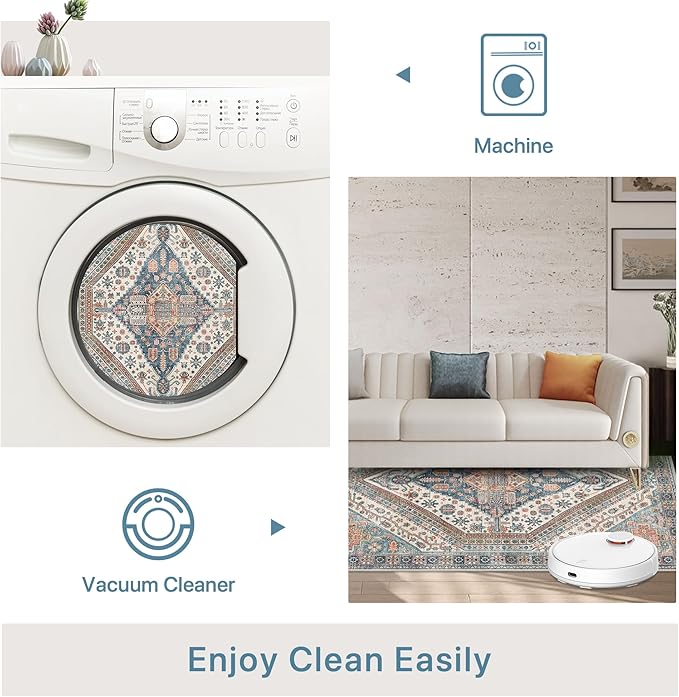 Bavni Washable Rug 8x10 Area Rug for Living Room Bedroom Dining, Washable Vintage Print Carpet, Ultra-Thin Chenille Low Pile Lightweight Rug with Non Slip Backing, Blue/Orange