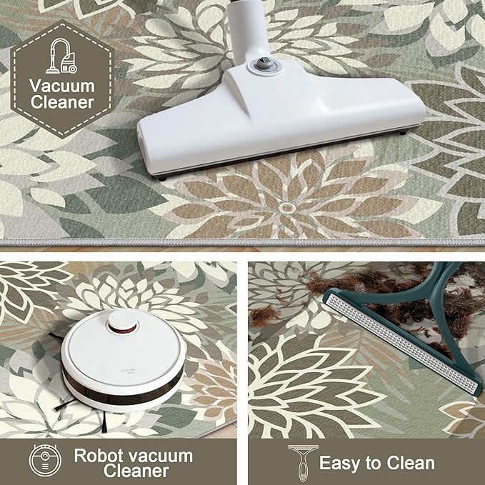 3x5 Washable Rug for Living Room Tropical Botanical Modern Floral Chenille Area Rugs Low Pile Non Slip Carpet for Patio, Bedroom, Laundry, Taupe