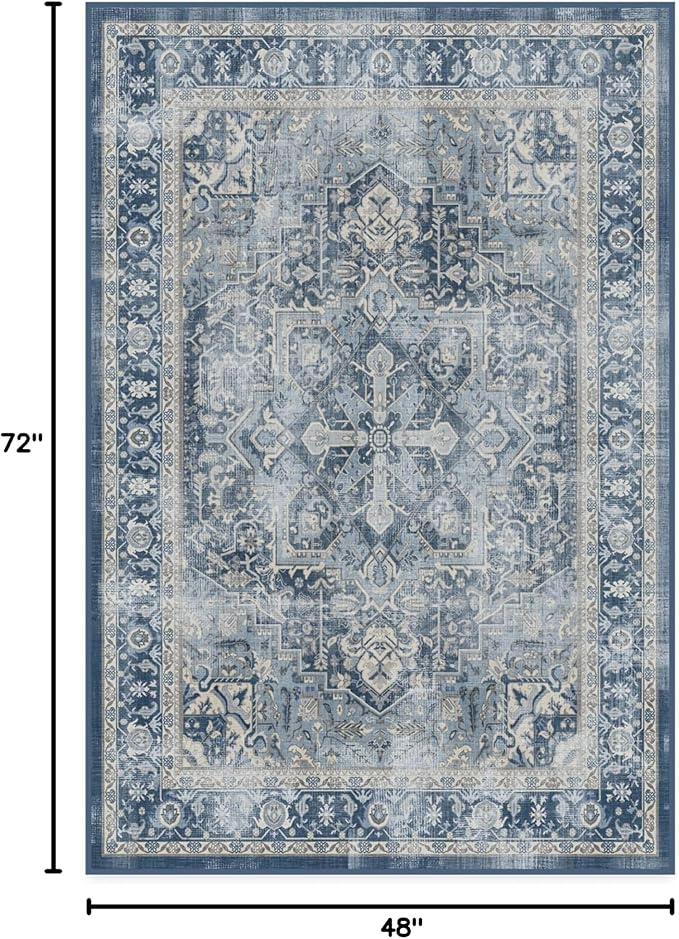 RUGGABLE Washable Vintage Area Rug – Kamran Admiral Blue 4x6, Stain-Resistant, Non-Slip – Medium Machine Washable Rugs for Living Room, Bedroom, Hallway, Entryway & Office–with Standard Pad