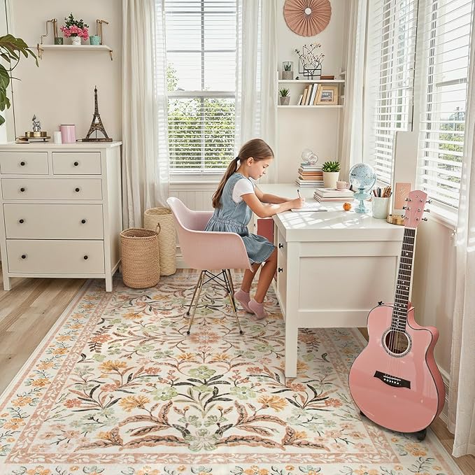 Lahome Fall Floral Washable Area Rugs 8x10, Boho Living Room Large Rugs Non-Slip for Bedroom, Soft Rubber Backed Burnt Orange Carpet for Dining Playroom Decor, Ochre Fall