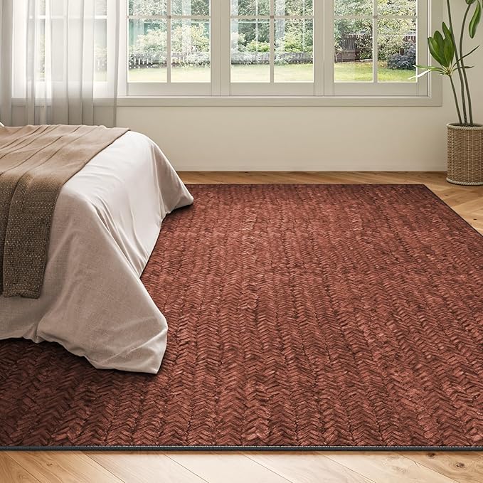 Eleisa Modern Vintage 9x12 Herringbone Chevron Area Rug, Non-Slip Stain Resistant Washable Rug, Wine & Red Large Rug for Living Room, Farmhouse Carpet for Bedroom, Kitchen, Dining Room, Home Office
