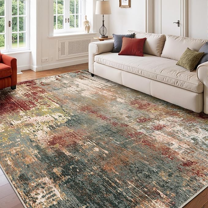 Washable Area Rugs 6'x8' Non-Slip Modern Abstract Soft for Living Room Entryway Bedroom Nursery, Print Pattern, Brown Rust Red Multi