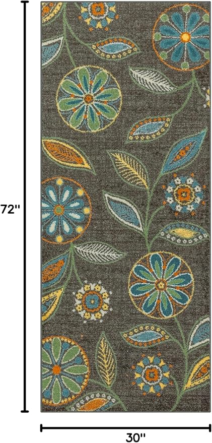 Maples Rugs Reggie Floral Runner Rug - Made in USA - Washable, Non Slip Indoor Carpet for Kitchen, Hallway, and Laundry Room, 2'6" x 6', Dark Grey