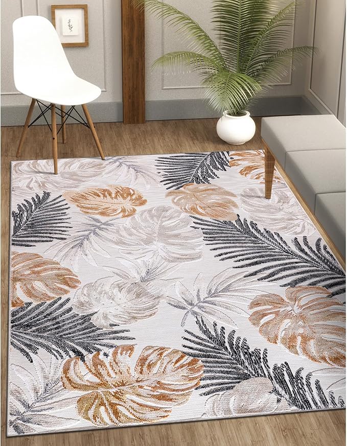 CAMILSON Indoor Outdoor Rug, Yellow 10’x14’ Leaf Tropical Botanical Area Rugs for Indoor and Outdoor patios, Easy-Cleaning Non-Shedding Living Room, Garden and Kitchen Washable Outside Carpet (10x14)