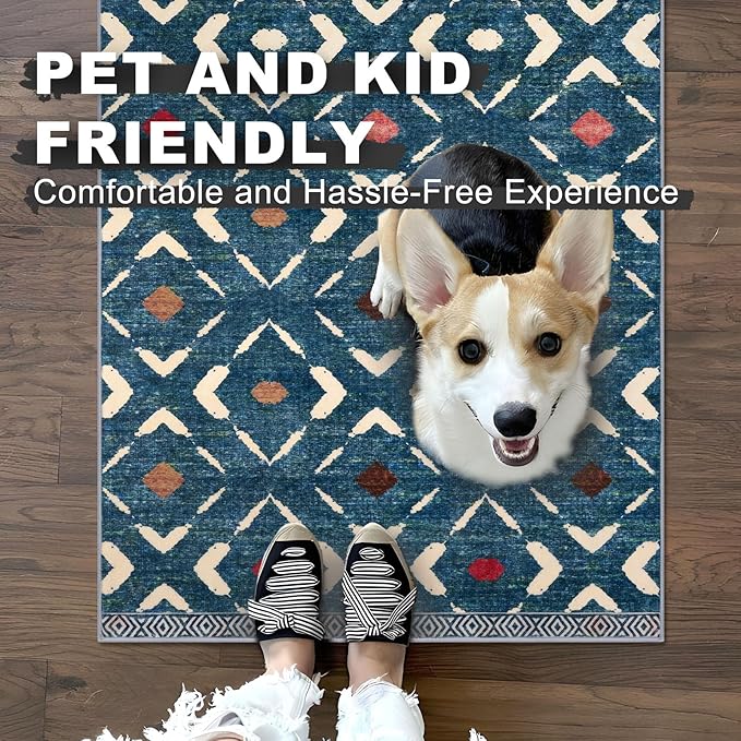 KILOCOCO Living Room Rug 5x7 Area Rug Printed Boho Washable Bedroom Rugs Non Slip Soft Large Moroccan Rubber Backed Indoor Rugs for Dining Room Office Farmhouse Geometric Carpet, Teal/Blue