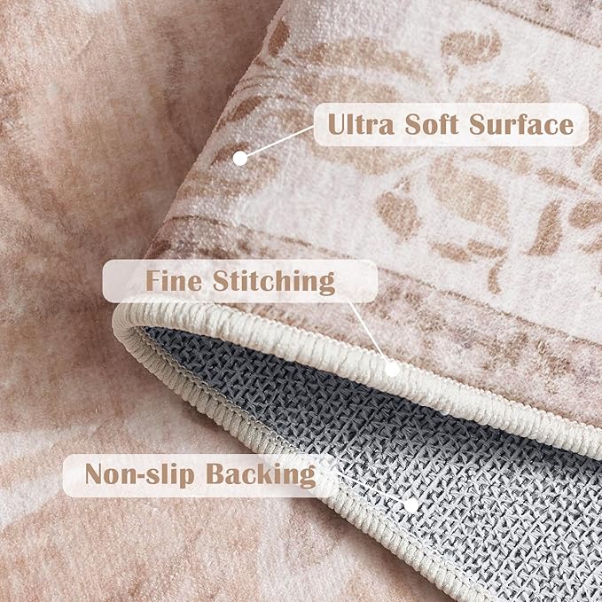 jinchan Vintage Floral 3x5 Area Rugs for Entryway - Machine Washable Distressed Design Ultra-Thin Low-Pile Soft Non-Shedding Carpet for Kitchen Bedroom Entrance Laundry Living Room (3x5ft, Coral Pink)