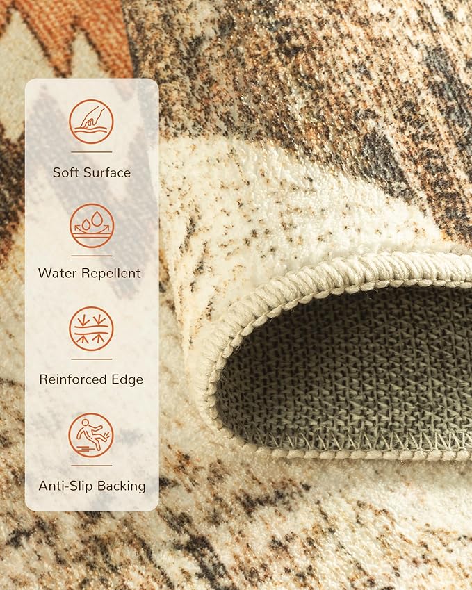 Area Rug 8x10 Rug Machine Washable Non-Slip Low Pile Print Pattern Western Rug for Living Room Bedroom Entryway Tribal Series -Cream/Camel