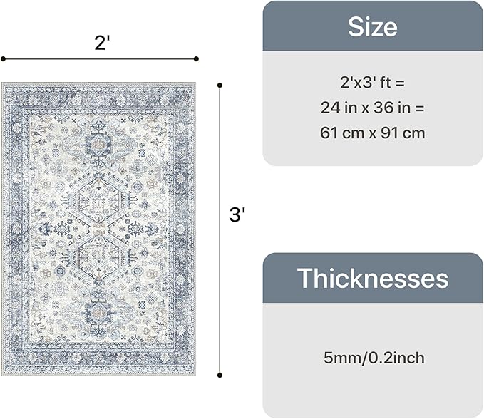 Bavni Washable Entry Rug 2x3, Non Slip Door Mat for Entryway or Kitchen, Vintage Print Low Pile Ultra Thin Indoor Rug, Light Blue