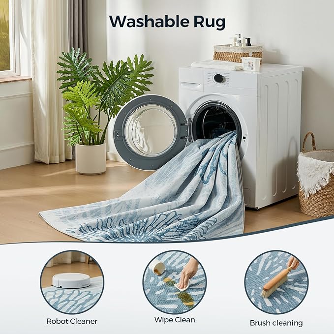 WITSHOCK 7x9 Washable Rug for Living Room,Modern Floral Distress Print Pattern Area Rugs,Stain Resistant with Non Slip Backing Carpet for Dining Room,Bedroom & Home Decor,Blue/Light Blue