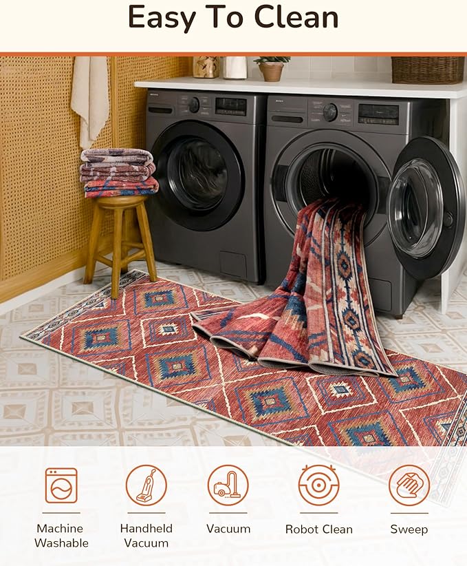 Area Rug 9x12 Rug Machine Washable Non-Slip Low Pile Print Pattern Western Rug for Living Room Bedroom Entryway Tribal Series -Red/Orange