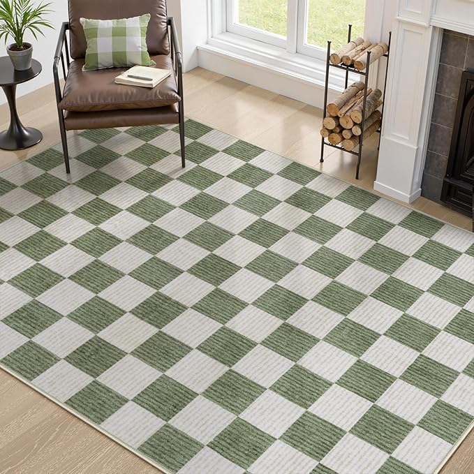 Machine Washable 5x7 Area Rugs for Living Room Checkered, Non Slip Soft Low Pile Farmhouse Geometric Modern Neutral Playroom Boys Rugs for Bedroom, Large Carpet Rugs for Dining Room(Sage Green,5'x7')
