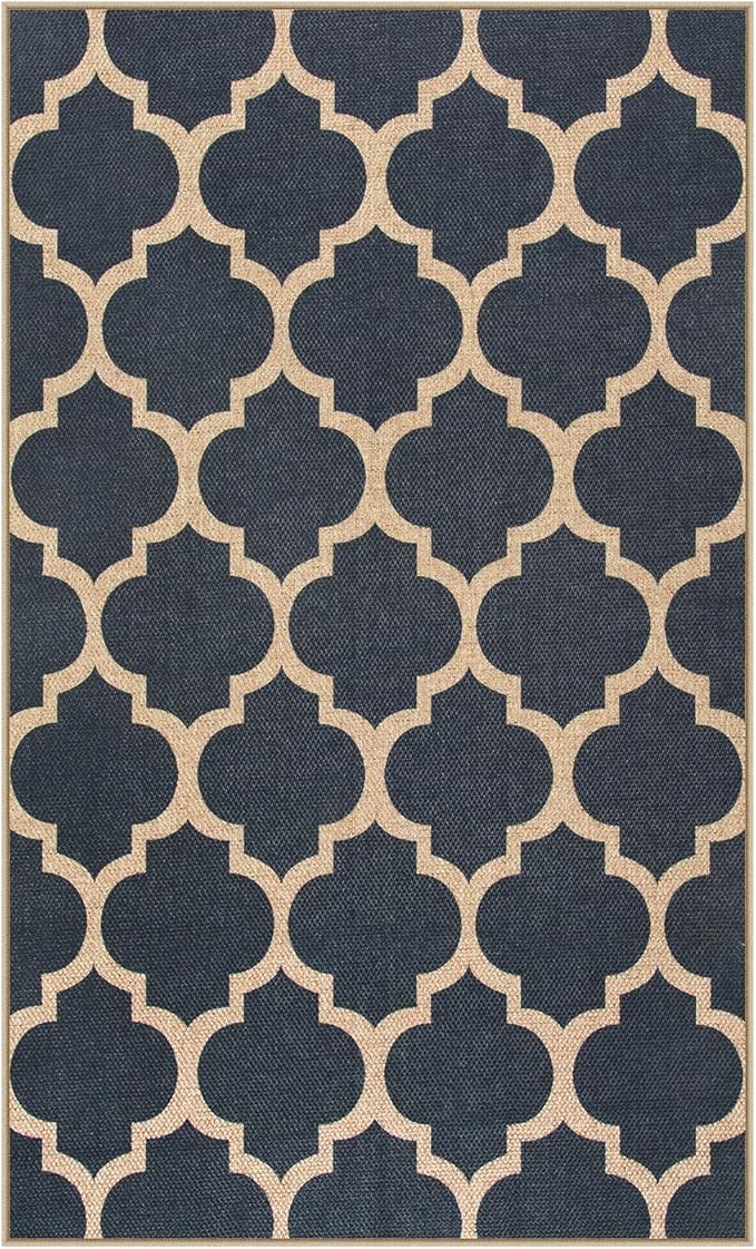 Lahome Moroccan 3x5 Outdoor Rug, Easy Jute Blue Washable Rug for Entryway Front Porch, Geometric Trellis Woven Non Slip Door Mat for Entrance, Thin Non Shedding Farmhouse Throw Rugs for Balcony