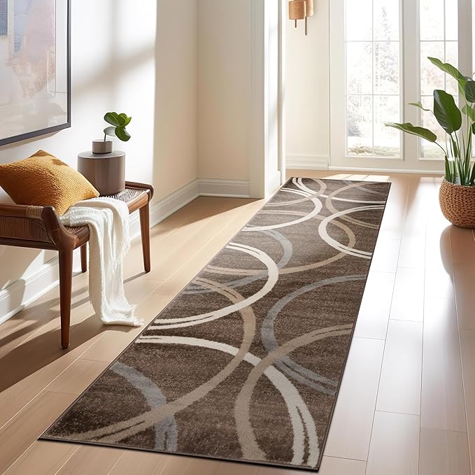 Rugshop Modern Wavy Circles Design Runner Rug, Carpet with Jute Backing for Hallway, Entryway, or Kitchen, Brown, 2' x 7'2"