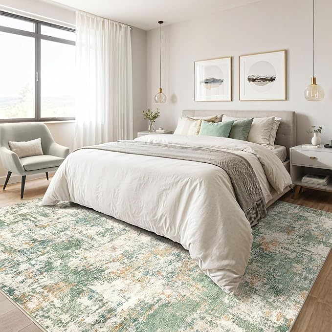 5x8 Area Rug Living Room: Washable Large Abstract Soft Green Rugs Stain Resistant Indoor Floor Non-Slip Accent Carpet for Men Modern Home Enthusiasts Aged 25-45 - Bedroom Office Playroom