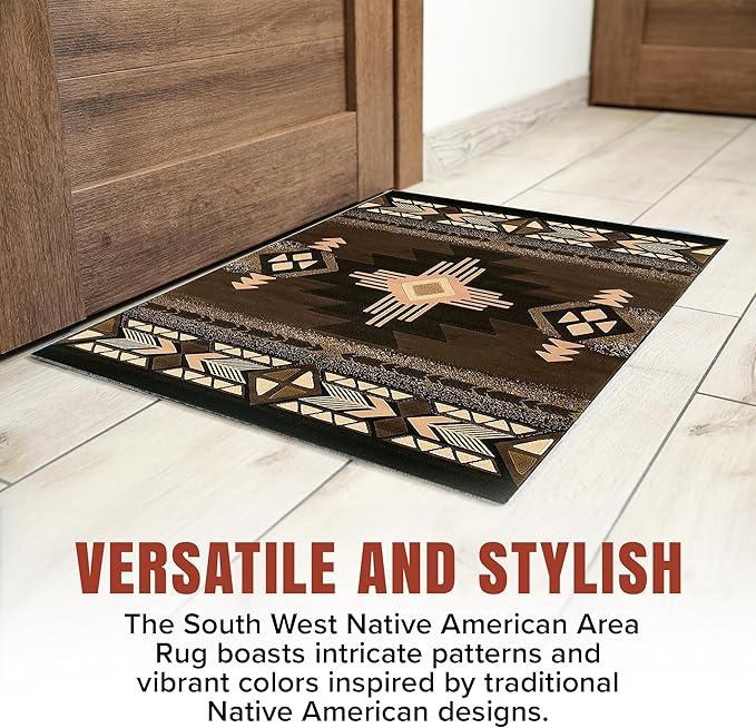 YHSF South West Native American Area Rug C318 - Easy Clean, Thick, Soft, Durable Native Tribal American Indian Inspired Rug for Bedroom/Living Room and More - Chocolate Brown, 3 ft 10 in x 5 ft 2 in