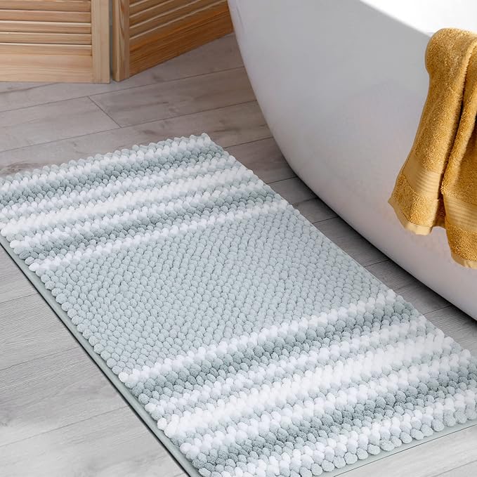 PiccoCasa Chenille Bathroom Rug, Soft Fluffy Absorbent Bath Mat, Medium Pile Striped Carpet Washable Non Slip Bathroom Floor Mats(20"x32",Light Blue & White)