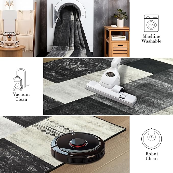 Tepook Modern Area Rug for Living Room, 5x7 Geometric Large Rugs for Bedroom, Washable Patchwork Rug Indoor Non-Slip Throw Carpets for Dining Room Office Farmhouse Home Decor, Black and White
