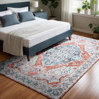5x7 Washable Rug – Boho Non-Slip Indoor Area Rug for Living Room, Bedroom, Dining Room, Entryway – Light Blue and Terracotta Bohemian Style