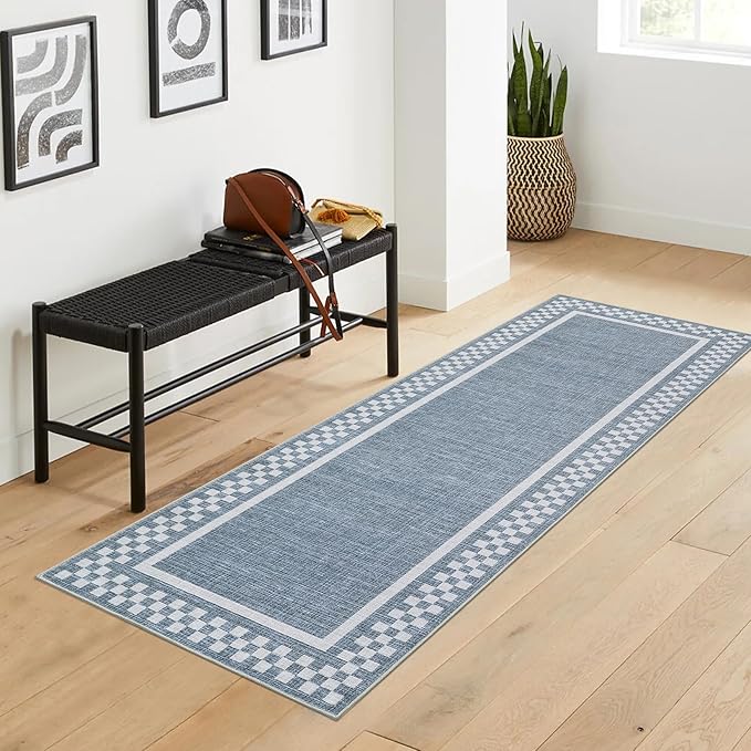 Washable Runner Rug 2x10 Modern Bordered Hallway Runner Rug Non Slip Kitchen Throw Carpet Checkered Bathroom Entryway Runner Rugs Low Pile Solid Area Rugs for Living Room Bedroom Nursery Sink, Blue