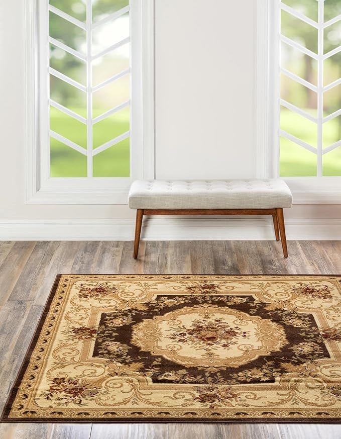 Rugs.com Chateau Collection Rug – 4 Ft Square Brown Medium Rug Perfect for Living Rooms, Kitchens, Entryways