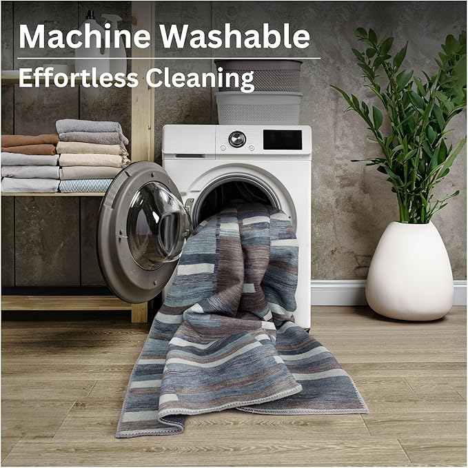Bloom Rugs Washable Non-Slip 6' x 9' Rug - Blue/Brown Striped Area Rug for Living Room, Bedroom, Dining Room, and Kitchen - Exact Size: 6' x 9'