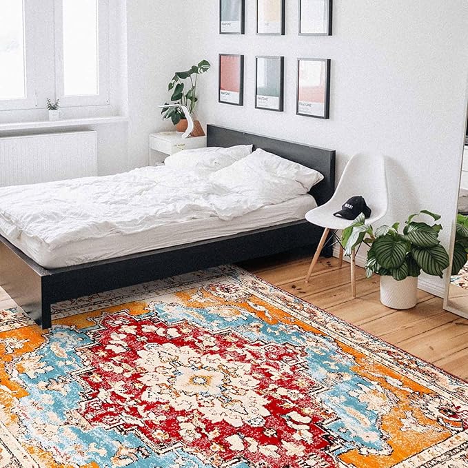 Bohemian Pattern Rectangular Area Rugs for Living Room Bedroom 5 x 8 ft Red & Orange Abstract Non-Shedding Soft Low Pile Rug Non Slip Washable Rug for Nursery Entryway Playroom