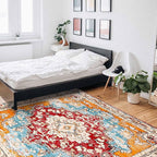 Bohemian Pattern Rectangular Area Rugs for Living Room Bedroom 2.8 x 5 ft Red & Orange Abstract Non-Shedding Soft Low Pile Rug Non Slip Washable Rug for Nursery Entryway Playroom
