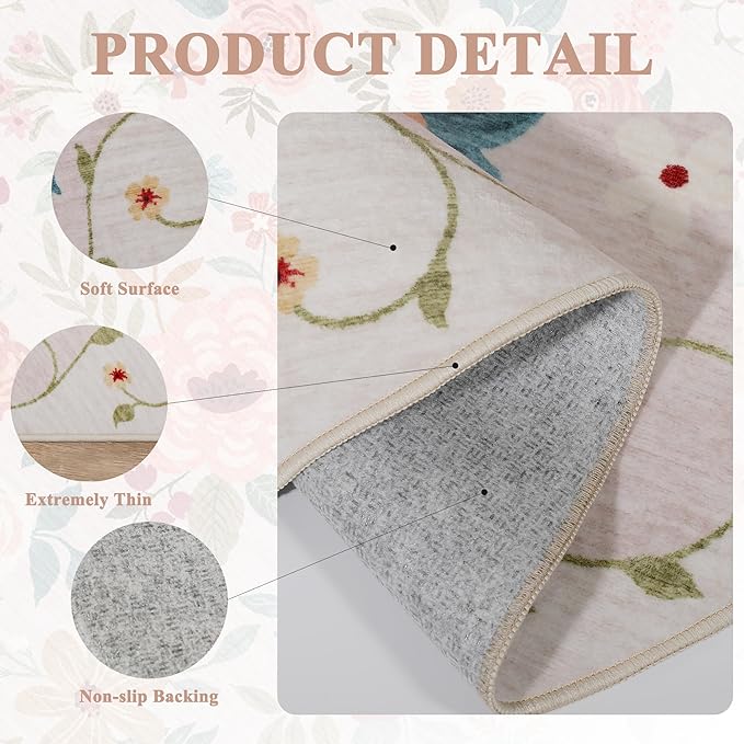 DUKINO Floral Round Rug, 6ft Washable Circle Rug, Non Slip Indoor Low Pile Circle Rug, Soft Small Boho Design Carpet for Bedroom, Entryway, Living Room, Dining Room, Beige