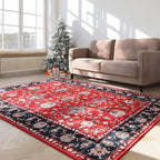 Area Rug for Living Room, 6x9 Machine Washable Non Slip Large Faux Wool Throw Rug, 0.3″ Low Pile & Non-Shedding Boho Large Carpet Rugs for for Dining Room, Bedroom, Office (Black Red)