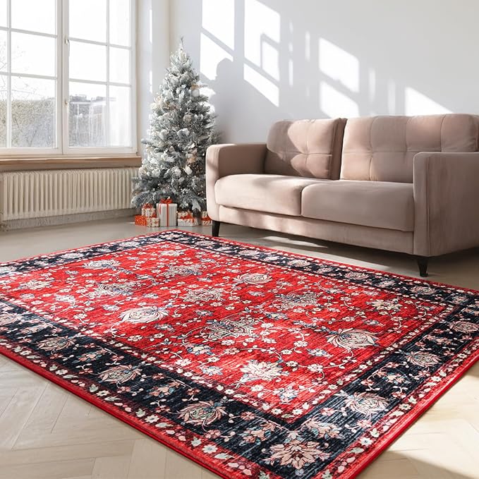 Area Rug for Living Room, 8x10 Machine Washable Non Slip Large Faux Wool Throw Rug, 0.3″ Low Pile & Non-Shedding Boho Large Carpet Rugs for for Dining Room, Bedroom, Office (Black Red)