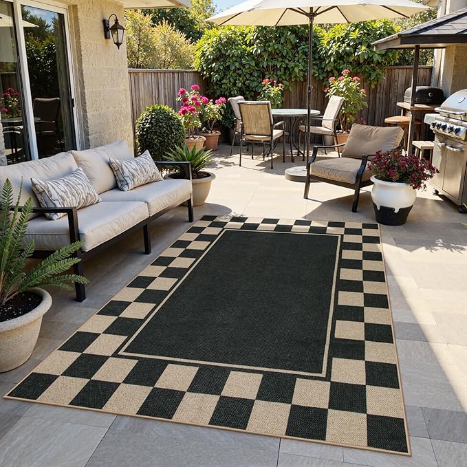 Moynesa Checkered Easy Jute 5x7 Area Rugs for Living Room, Washable Outdoor Patio Rug for Backyard Porches Non Slip, Black Farmhouse Carpet for Dining Room Balcony