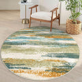 Modern Abstract Round Rug 5Ft, Green Mustard Multi Small Washable Non-Slip Circle Rug, Soft Circular Dining Room Rug Thin Print Faux Wool Carpet for Bedroom Living Room Office Playroom