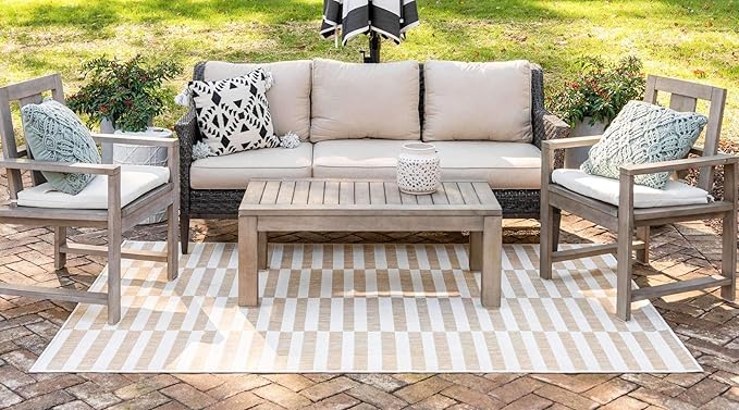 Unique Loom Outdoor Collection Classic Stripes, Transitional Indoor & Outdoor Area Rug 8' 0" x 11' 0", Light Brown/ Ivory