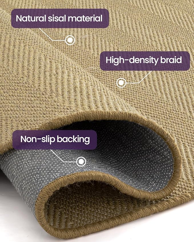 DEXI Round Sisal Rug Natural Fiber 5x5, Braided Woven Area Rugs No Shed, Soft Neutral Rustic Carpet Mat for Indoor Outdoor Patio Dining Living Room Bedroom Farmhouse, 5ft, Natural