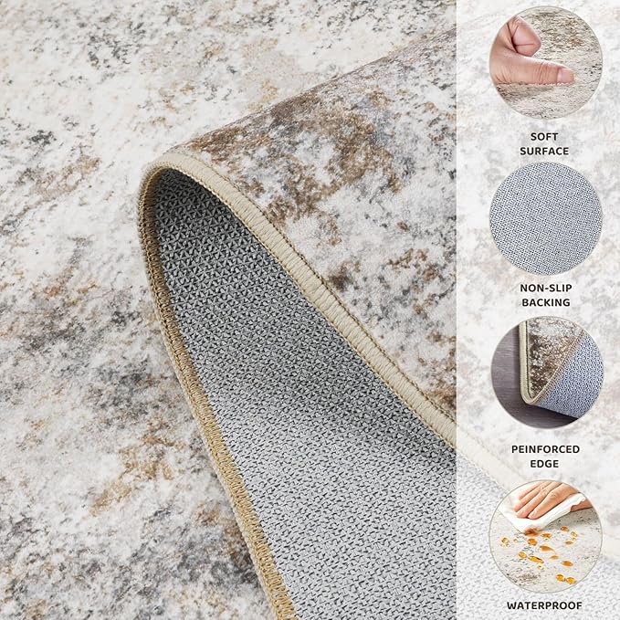 10ft Round Area Rug Living Room Rugs - 10x10 Washable Large Neutral Modern Abstract Soft Thin Rug Indoor Floor No Slip Rug Carpet for Bedroom Under Dining Table Home Office Decor - Brown Grey