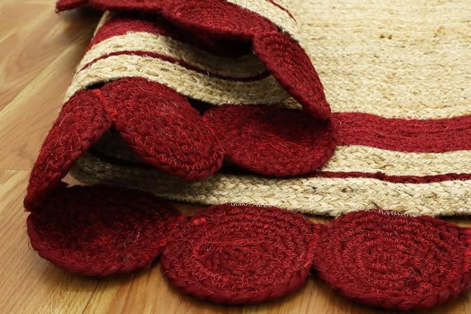 2.6x8 Oval Jute Runner – Flatweave Kilim Style, Hand Braided Natural Jute, 0.27" Thick, Solid Red Beige Handmade Boho Carpet for Hallway, Kitchen, Entryway