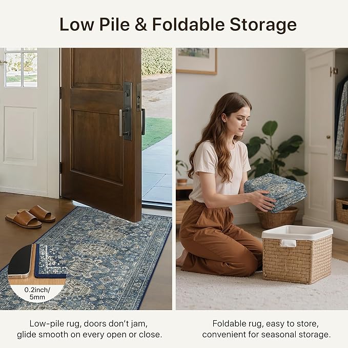 Bavni Washable Runner Rug 2x6, Non Slip Hallway Rug, Vintage Aesthetic Thin Low Pile Washable Carpet for Kitchen Bedroom Entryway, Blue