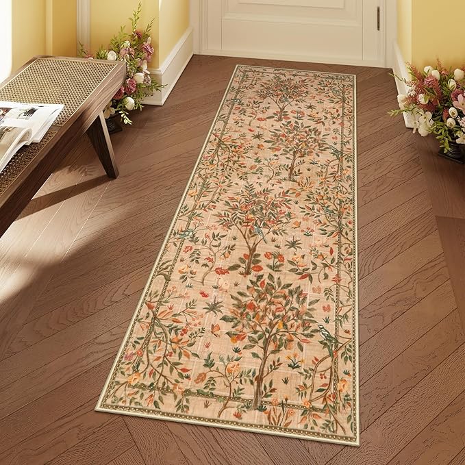 Morebes Boho Floral Runner Rug Non Slip, Washable Flower Long Bathroom Rugs Runner 2x6, Soft Botanical Flower Birds Indoor Throw Carpet for Entryway Hallway Bedroom Laundry Room, Brown